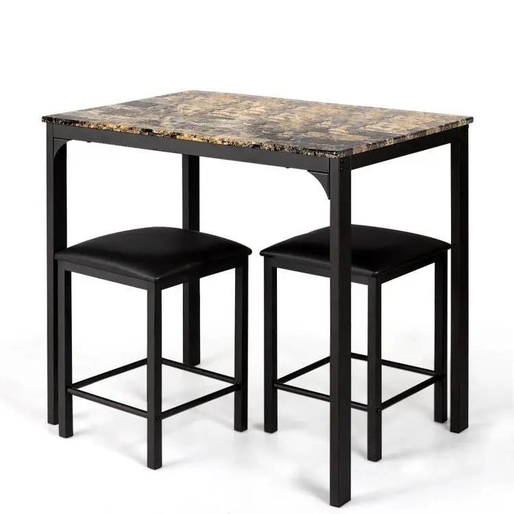 Modern 3-Piece Dining Set Brown Faux Marble Table-Top and 2 Black Chairs Stools by HomePacific