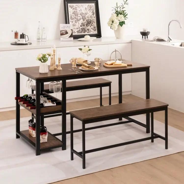 Modern Industrial 3-Piece Metal Wood Dining Set with 2 Benches and Wine Rack by HomePacific