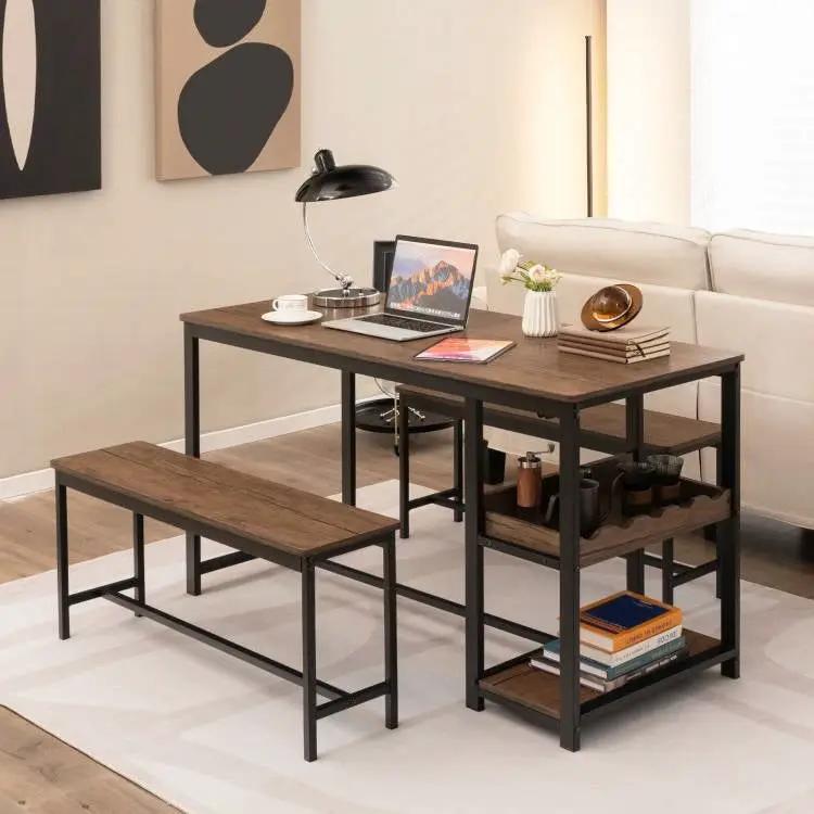 Modern Industrial 3-Piece Metal Wood Dining Set with 2 Benches and Wine Rack by HomePacific