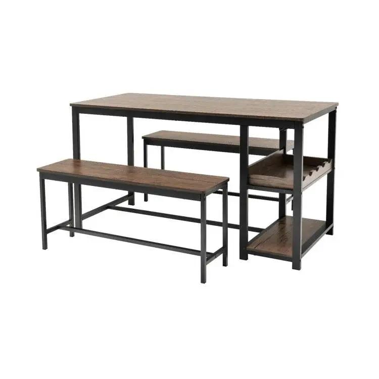 Modern Industrial 3-Piece Metal Wood Dining Set with 2 Benches and Wine Rack by HomePacific