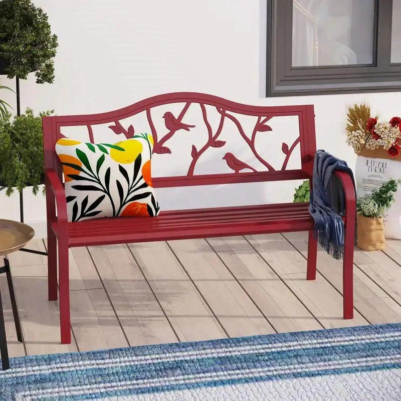 Red Steel Frame Outdoor Patio Garden Bench with Bird Branch Pattern Backrest by HomePacific