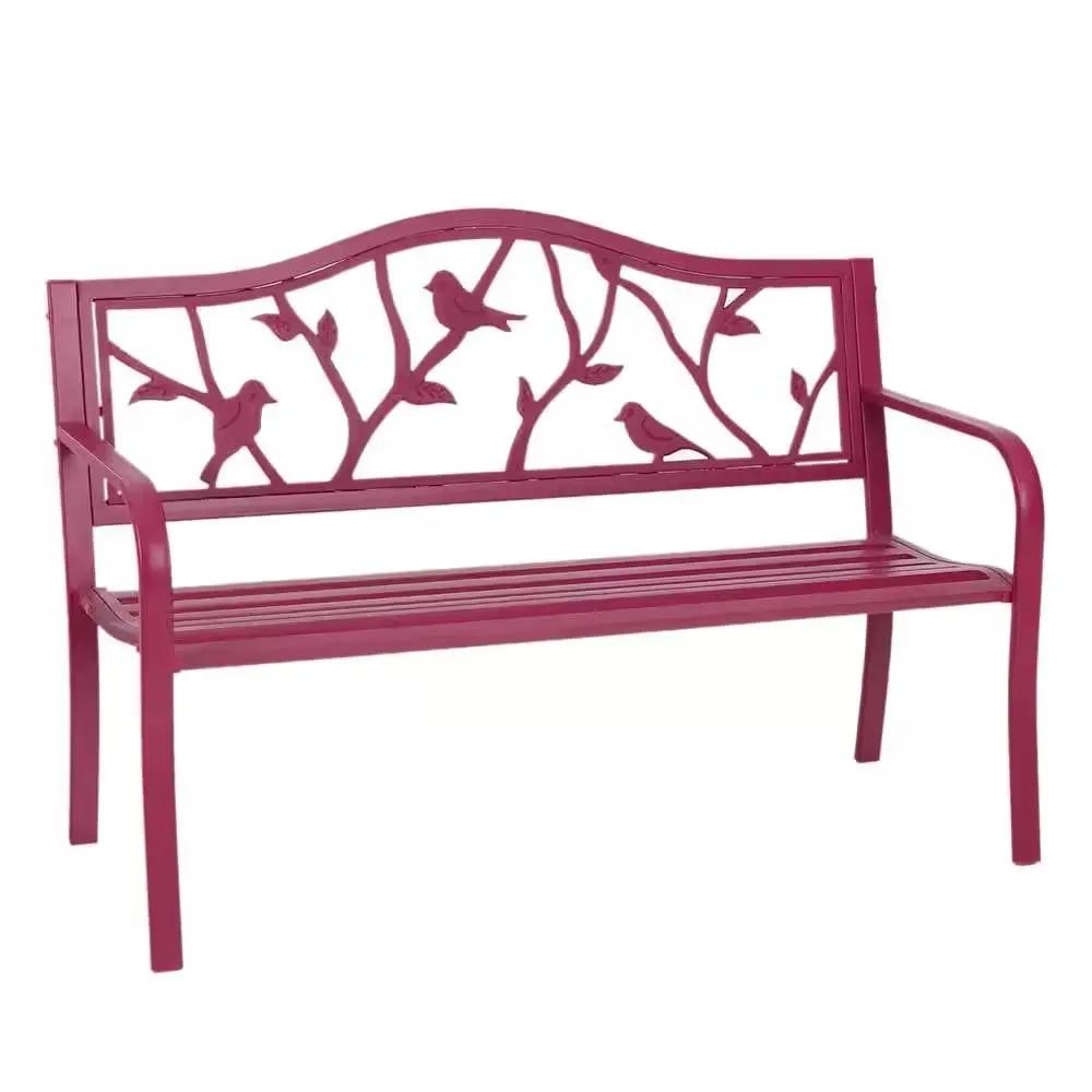 Red Steel Frame Outdoor Patio Garden Bench with Bird Branch Pattern Backrest by HomePacific