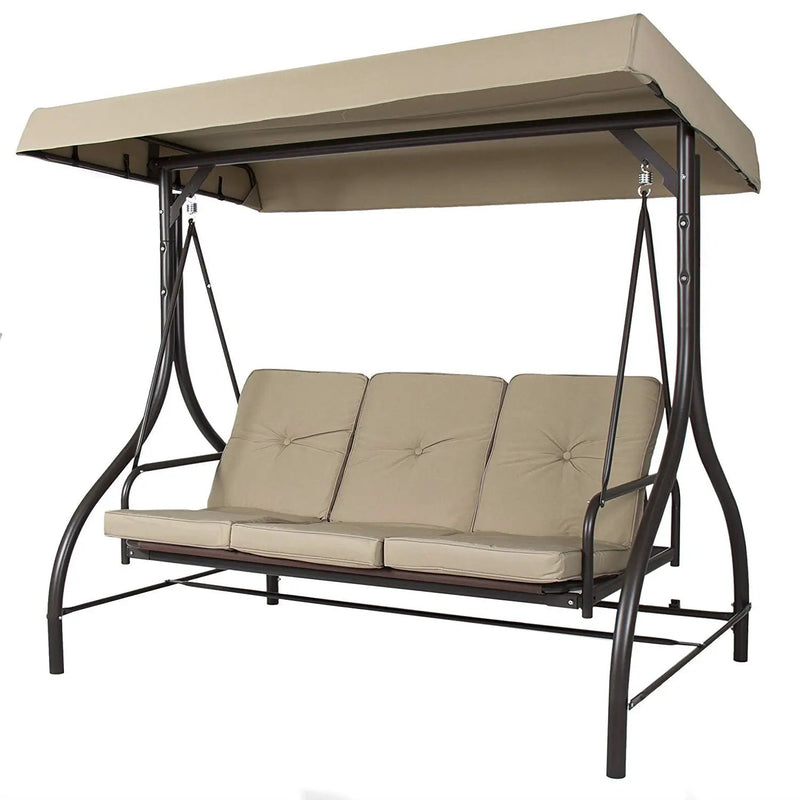 Tan 3-Seat Outdoor Porch Deck Patio Canopy Swing with Cushions by HomePacific