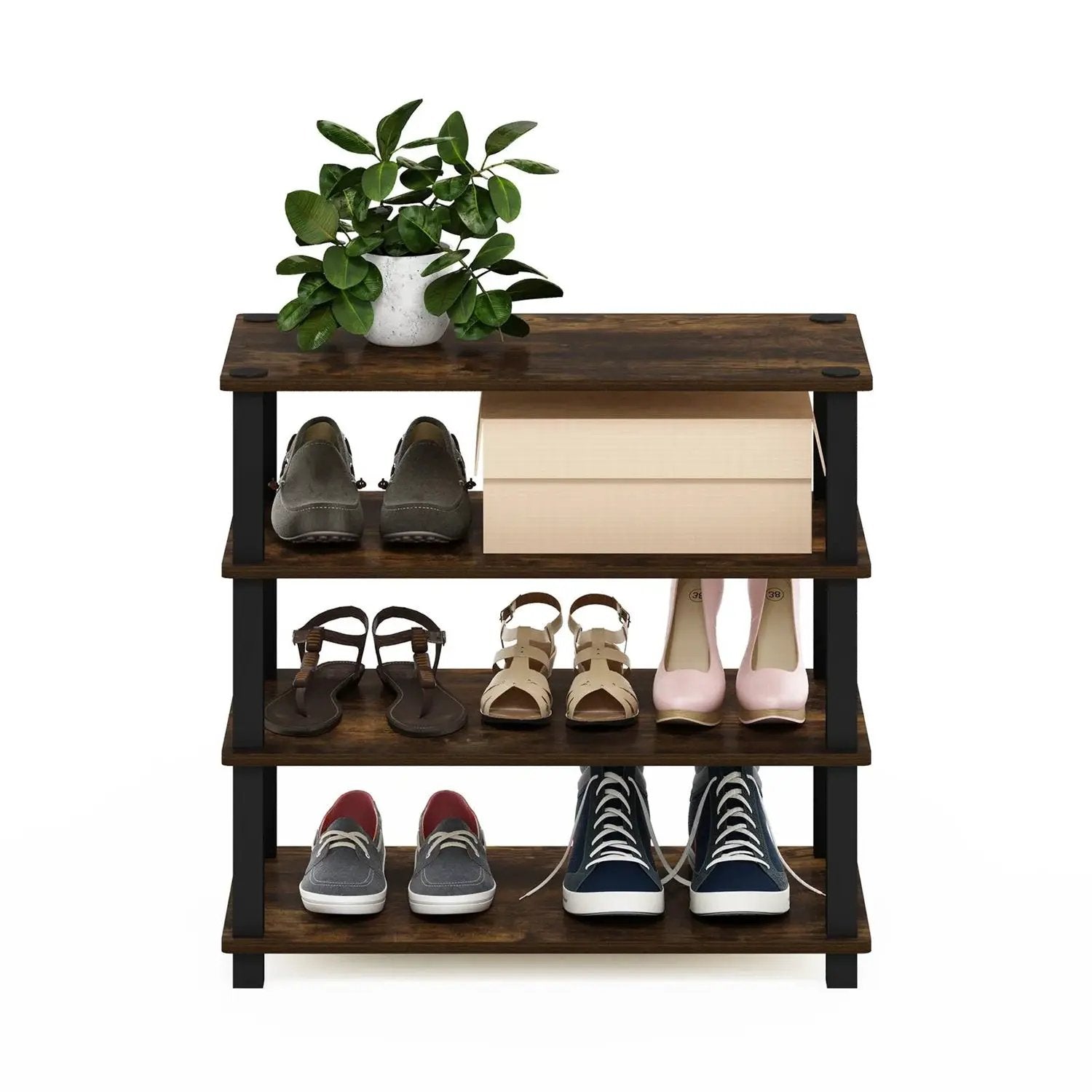 Stackable 4-Shelf Black Brown Wood Shoe Rack - Holds up to 12 Pair of Shoes by HomePacific