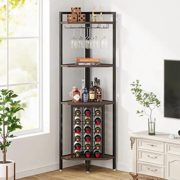 Industrial Corner Wine Rack Storage Shelving Unit with Glass Holders by HomePacific