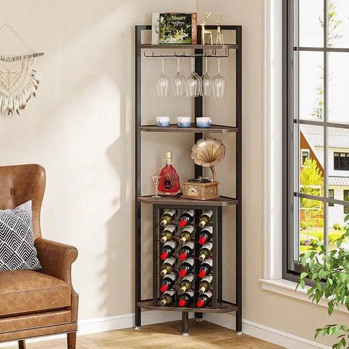 Industrial Corner Wine Rack Storage Shelving Unit with Glass Holders by HomePacific