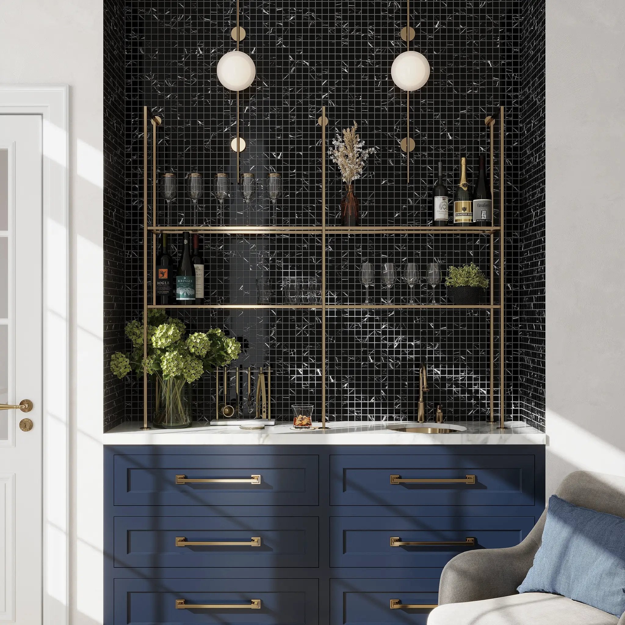 Black 12x12 Square Polished Square Nero Marquina Marble Mosaic Tile (5 pack, 5 sq ft/case) by Apollo Tile