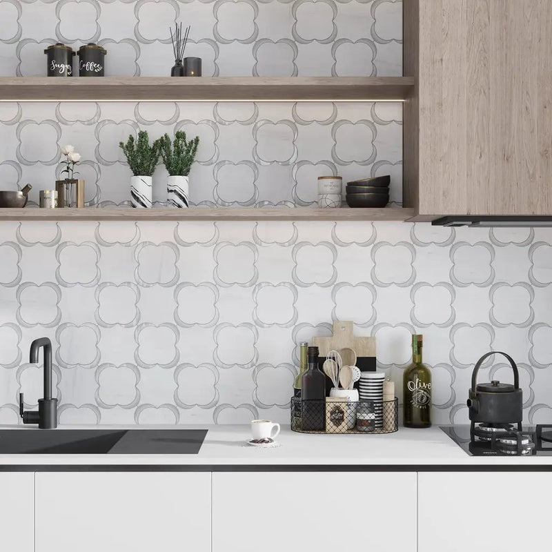 White Gray 11x11 Polished Floral Star Dolomite Glass Marble Mosaic Tile (5 pack, 4.28 sq ft/case) by Apollo Tile
