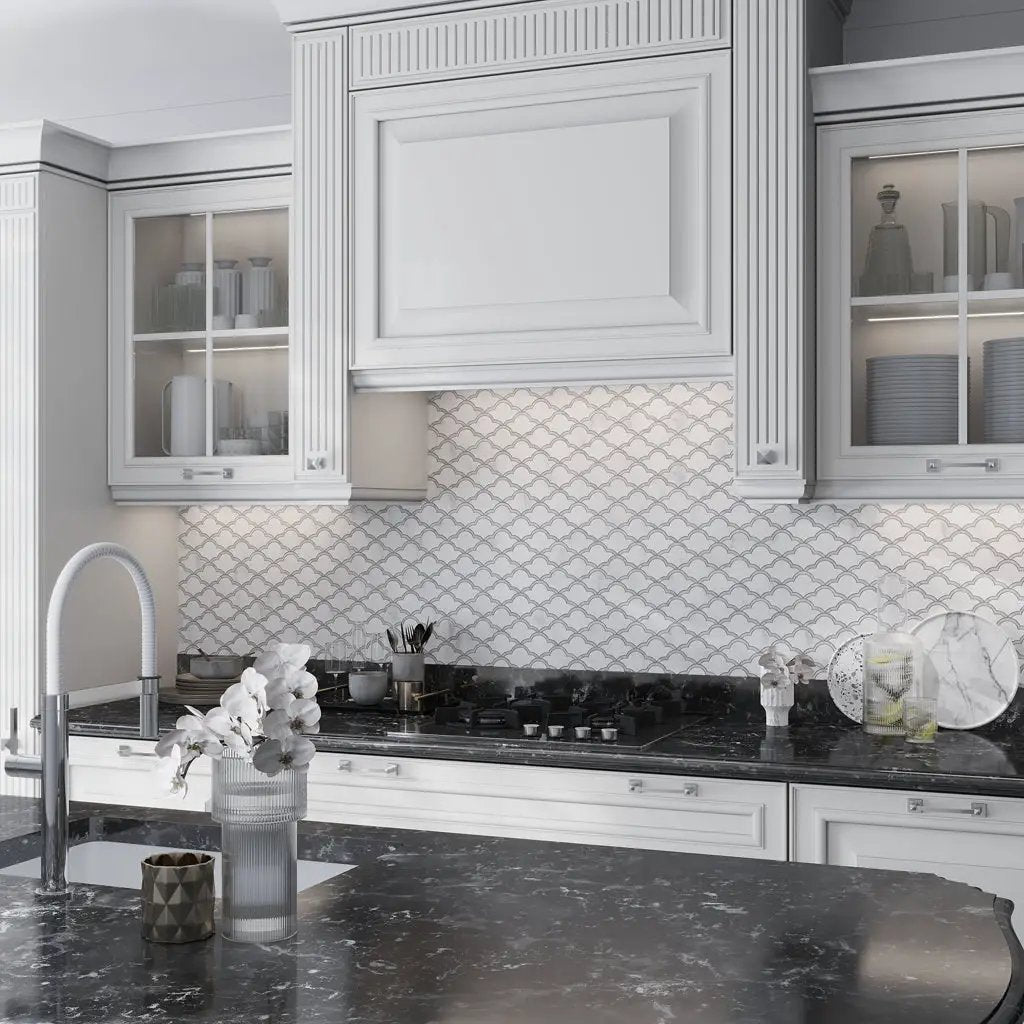 Soft White Gray 9x10 Polished Fan Scalloped Bianco Carrara Marble Mosaic Tile (5 pack, 3.06 sq ft/case) by Apollo Tile
