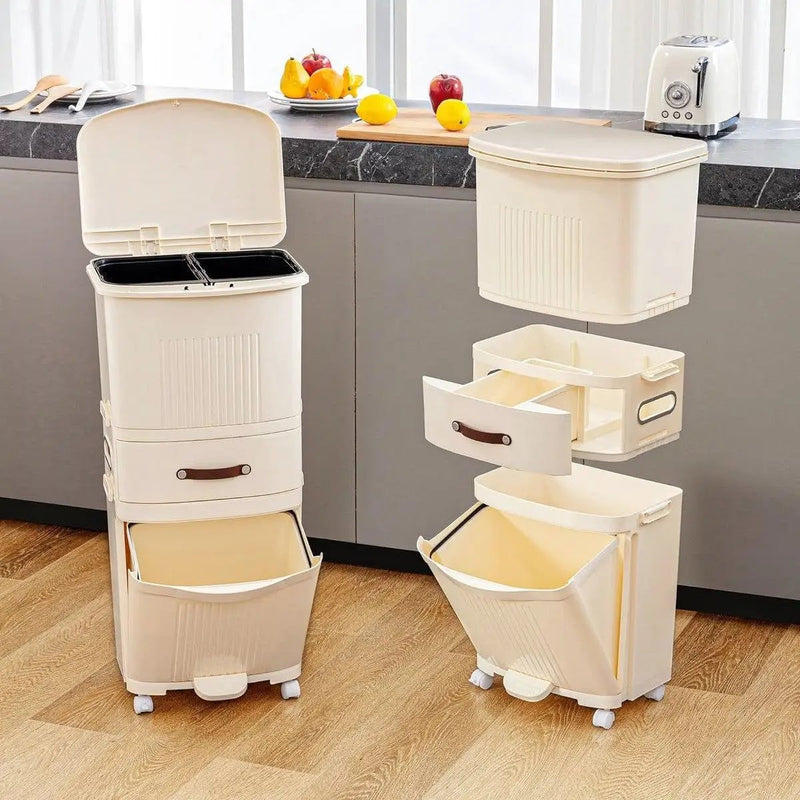 12-Gallon Elevated Trash Can Recycle Bin with Lid on Wheels in Cream by HomePacific