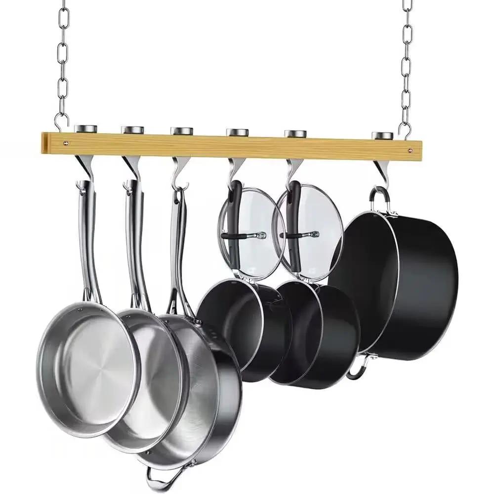 Ceiling Mounted 36-inch Wooden Pot Rack with 4 Pan Hanging Hooks and 2 Swivel Hooks by HomePacific