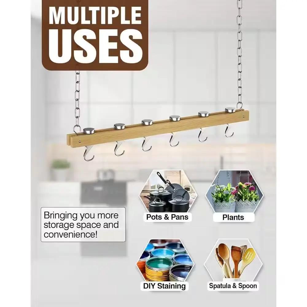 Ceiling Mounted 36-inch Wooden Pot Rack with 4 Pan Hanging Hooks and 2 Swivel Hooks by HomePacific