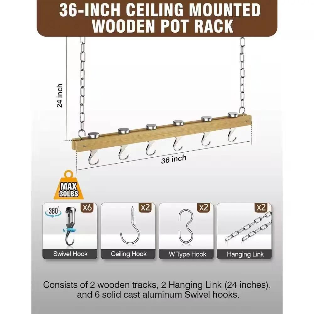 Ceiling Mounted 36-inch Wooden Pot Rack with 4 Pan Hanging Hooks and 2 Swivel Hooks by HomePacific