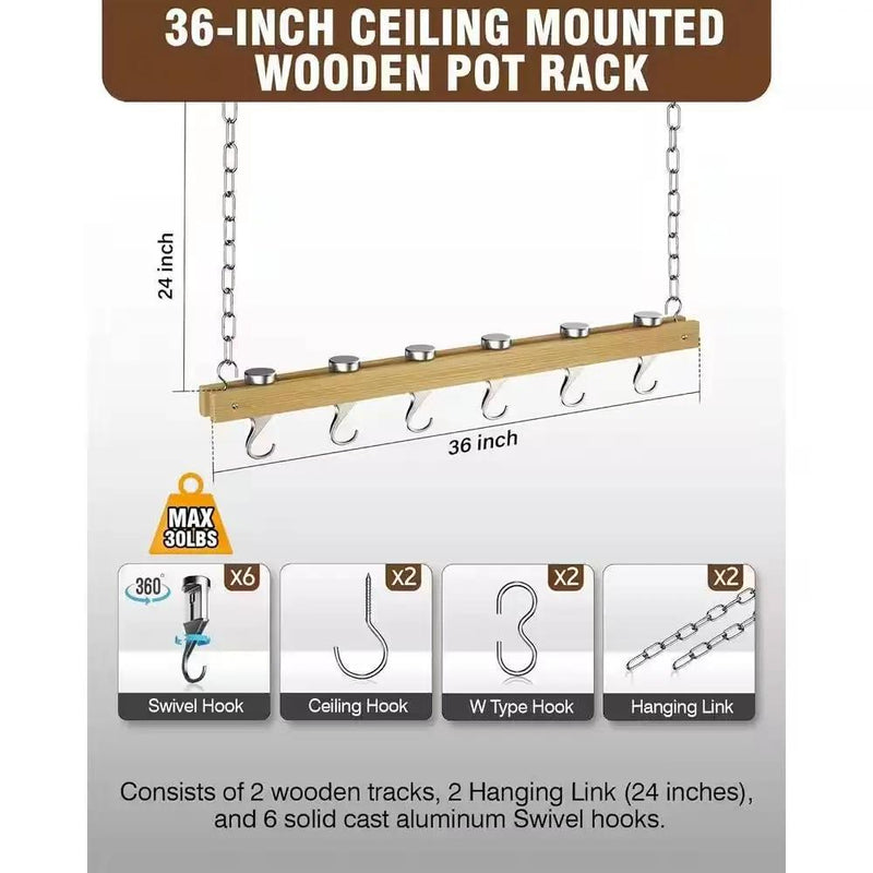 Ceiling Mounted 36-inch Wooden Pot Rack with 4 Pan Hanging Hooks and 2 Swivel Hooks by HomePacific