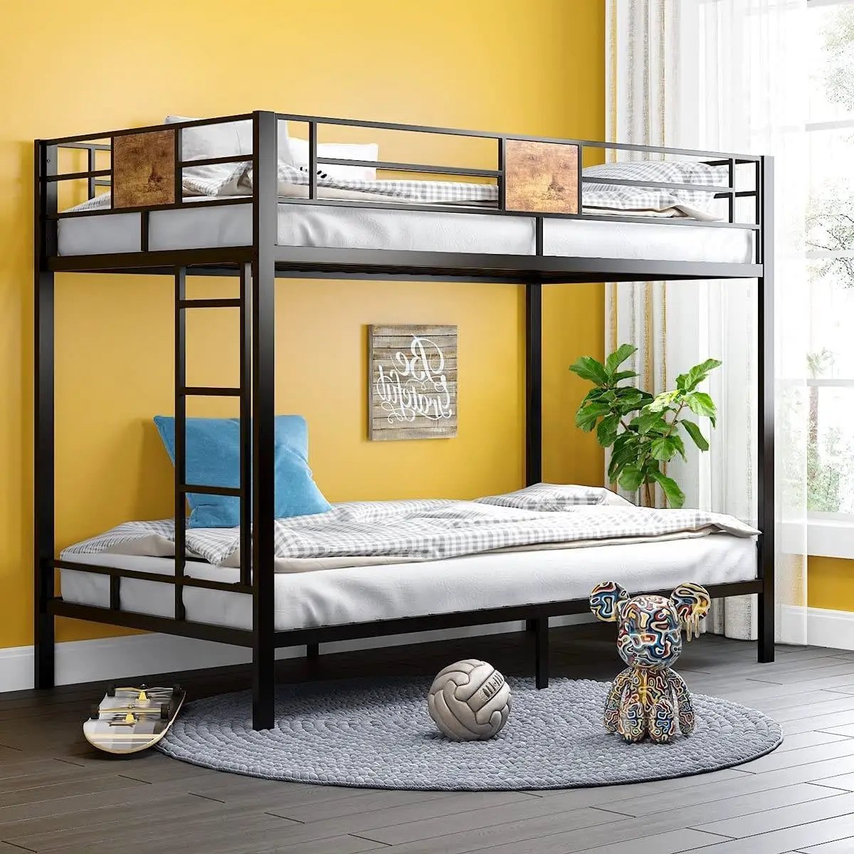 Twin over Twin Heavy Duty Metal Bunk Bed in Black with Side Ladder by HomePacific