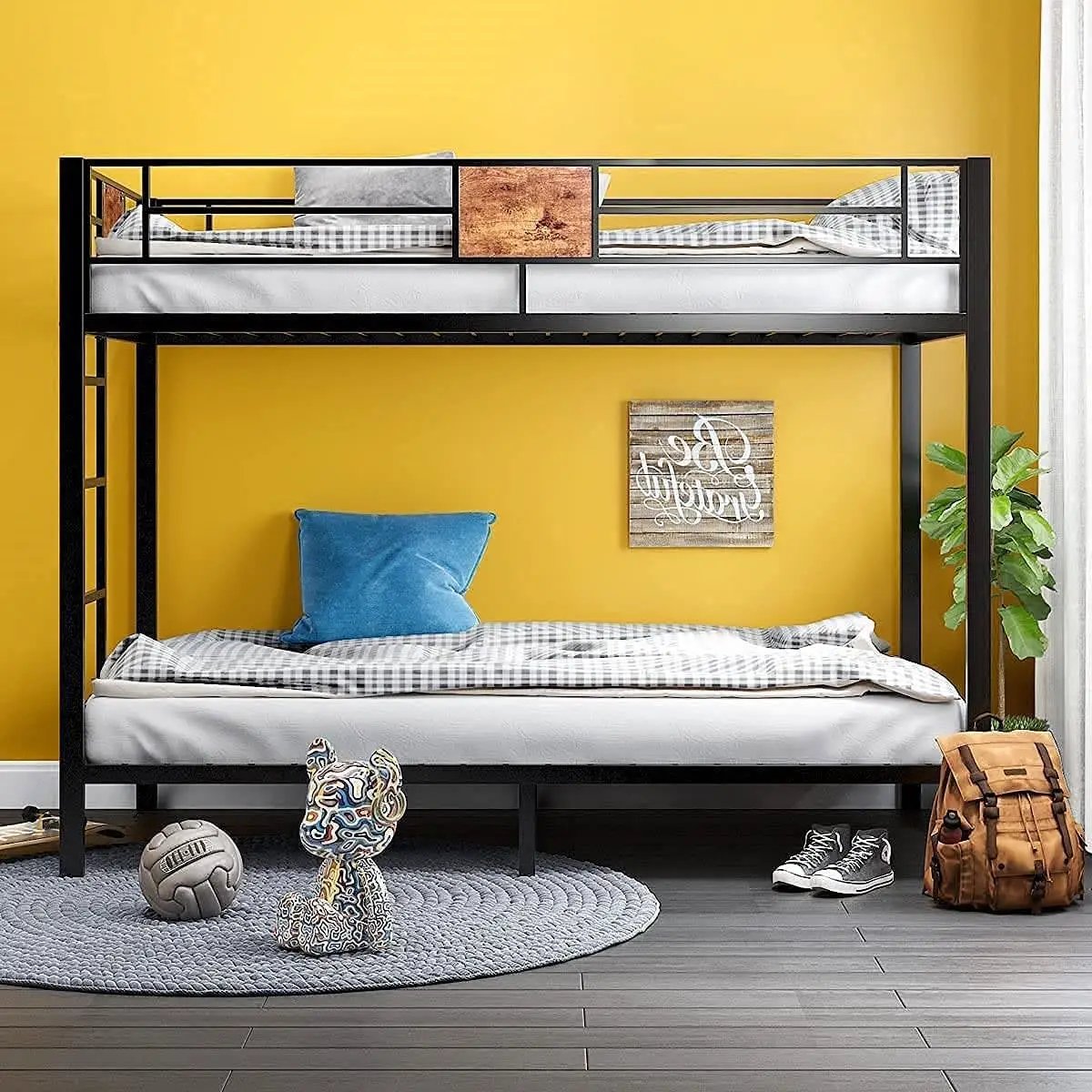 Twin over Twin Heavy Duty Metal Bunk Bed in Black with Side Ladder by HomePacific