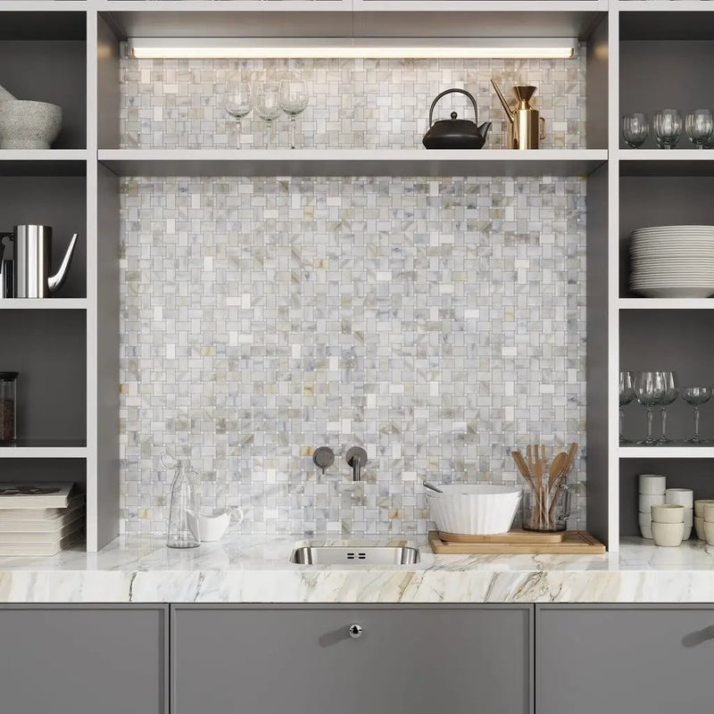 White Gray 12x12 Polished Basketweave Calacatta Gold Thassos Marble Mosaic Tile (5 pack, 5 sq ft/case) by Apollo Tile