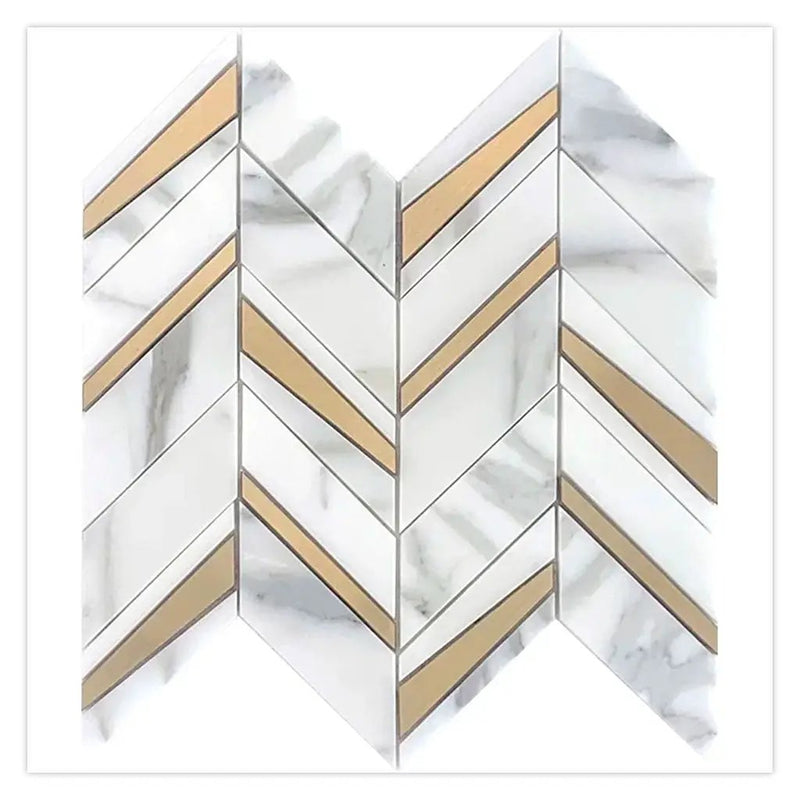 White Gray with Gold 12x12 Polished Chevron Calacatta Gold Brass Marble Mosaic Tile (5 pack, 5 sq ft/case) by Apollo Tile