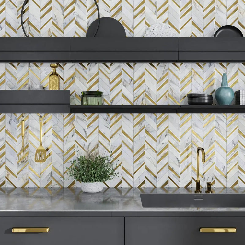 White Gray with Gold 12x12 Polished Chevron Calacatta Gold Brass Marble Mosaic Tile (5 pack, 5 sq ft/case) by Apollo Tile