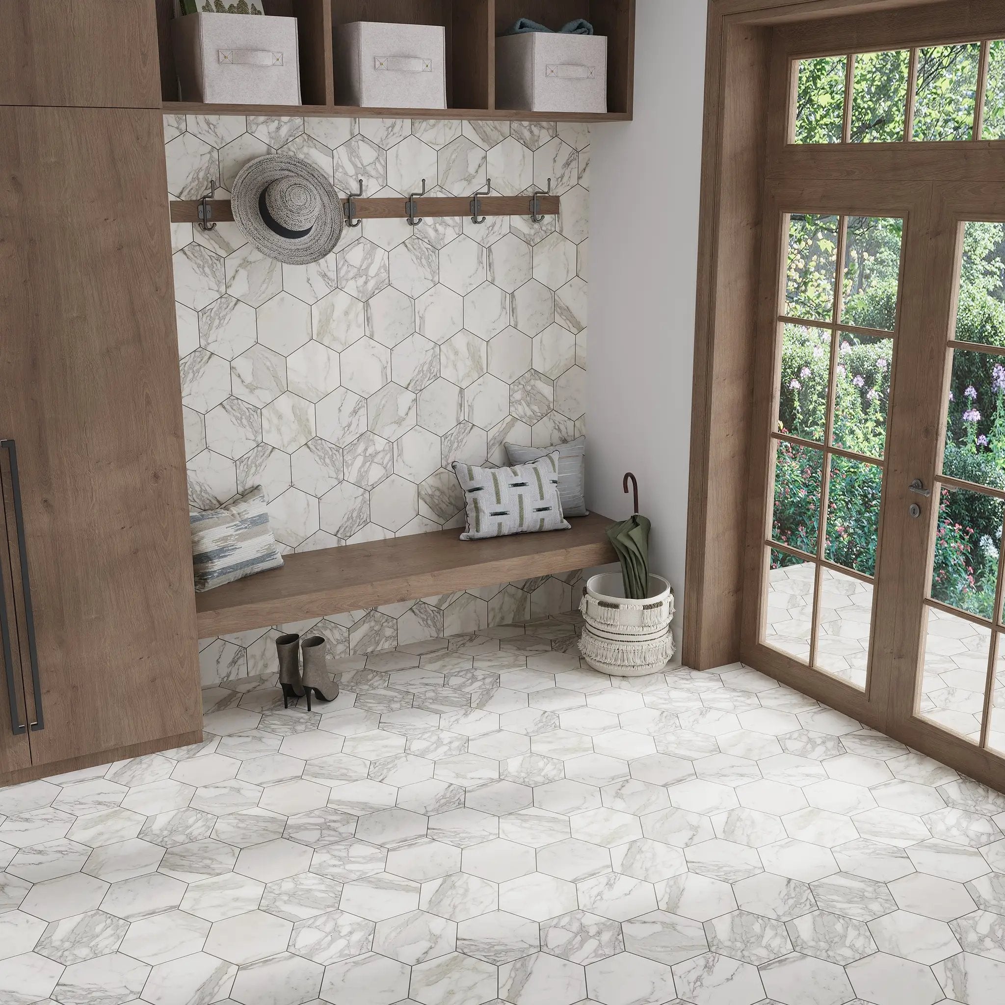 White Gray 10x10 Honed Hexagon Calacatta Gold Marble Tile (5 pack, 2.95 sq ft/case) by Apollo Tile