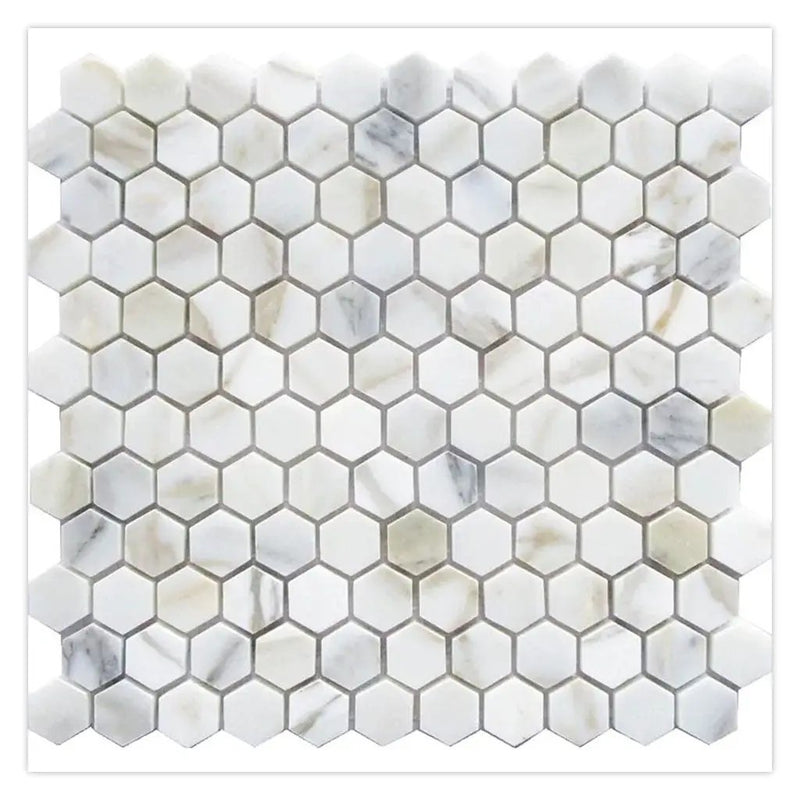 White Gray 11x12 Polished Hexagon Calacatta Gold Marble Mosaic Tile (5 pack, 4.55 sq ft/case) by Apollo Tile