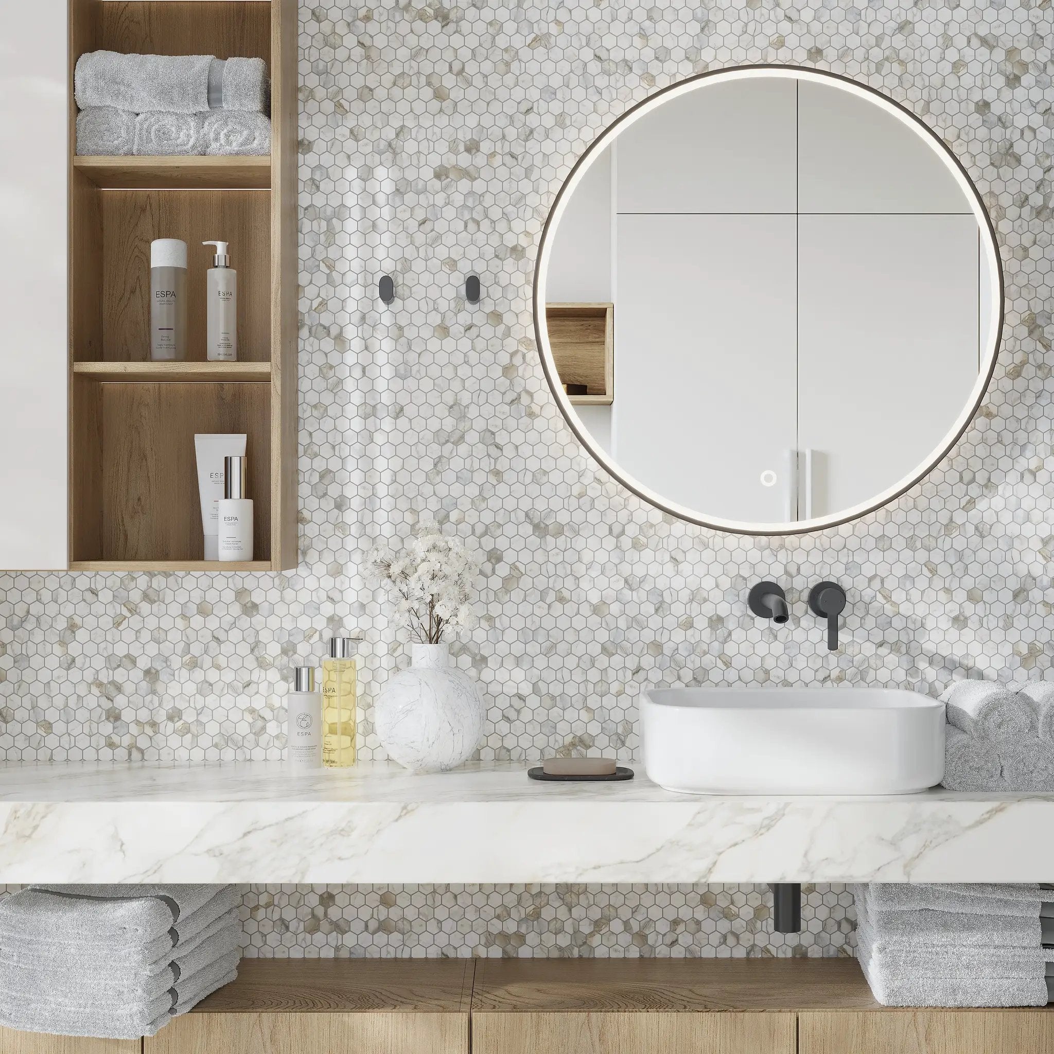 White Gray 11x12 Polished Hexagon Calacatta Gold Marble Mosaic Tile (5 pack, 4.55 sq ft/case) by Apollo Tile