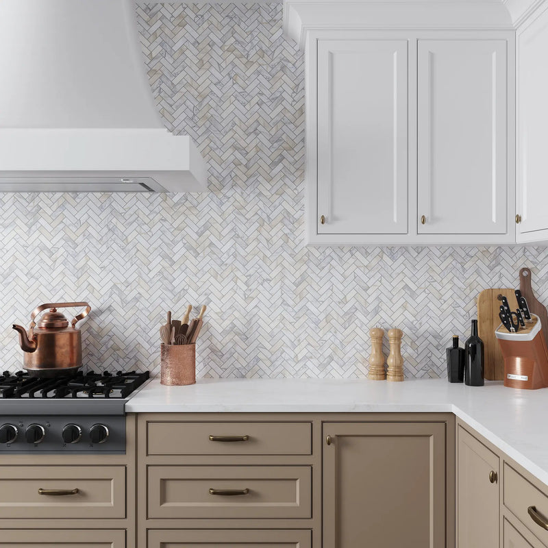 White Gray 12x13 Honed Herringbone Calacatta Gold Marble Mosaic Tile (5 pack, 5.29 sq ft/case) by Apollo Tile