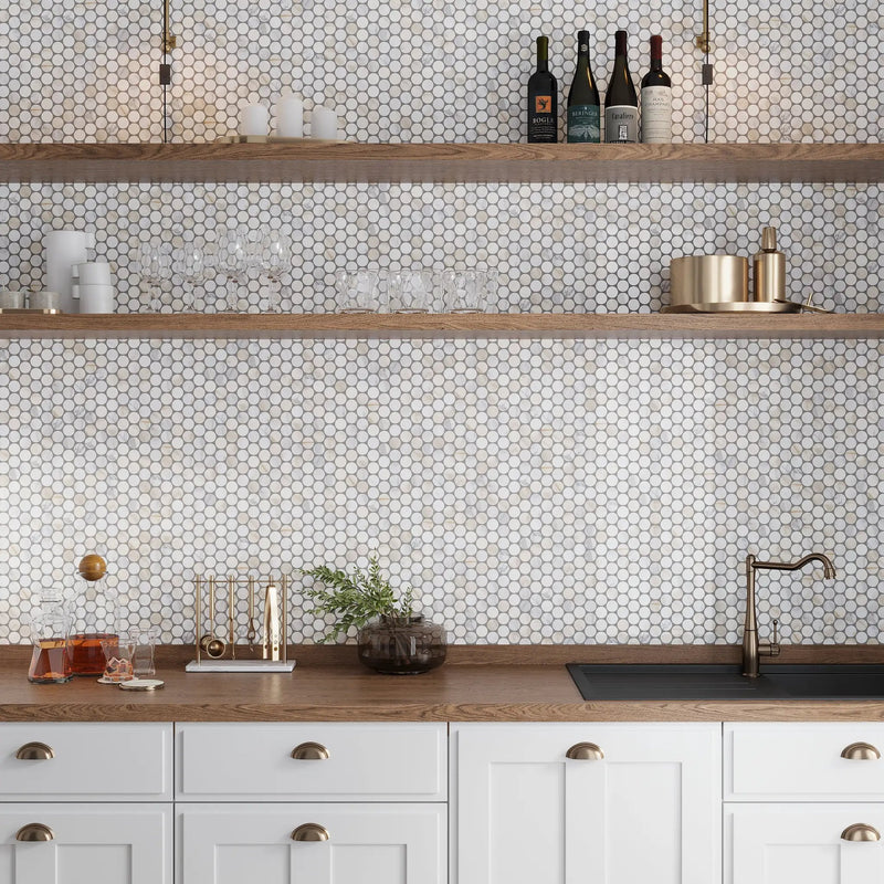 White Gray 11x12 Penny Round Polished Calacatta Gold Marble Mosaic Tile (5 pack, 4.47 sq ft/case) by Apollo Tile