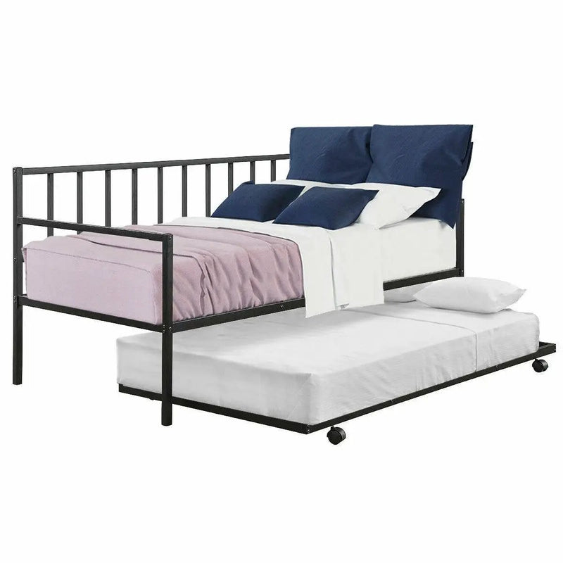 Twin size Black Metal Daybed with Roll-out Trundle Bed Frame by HomePacific