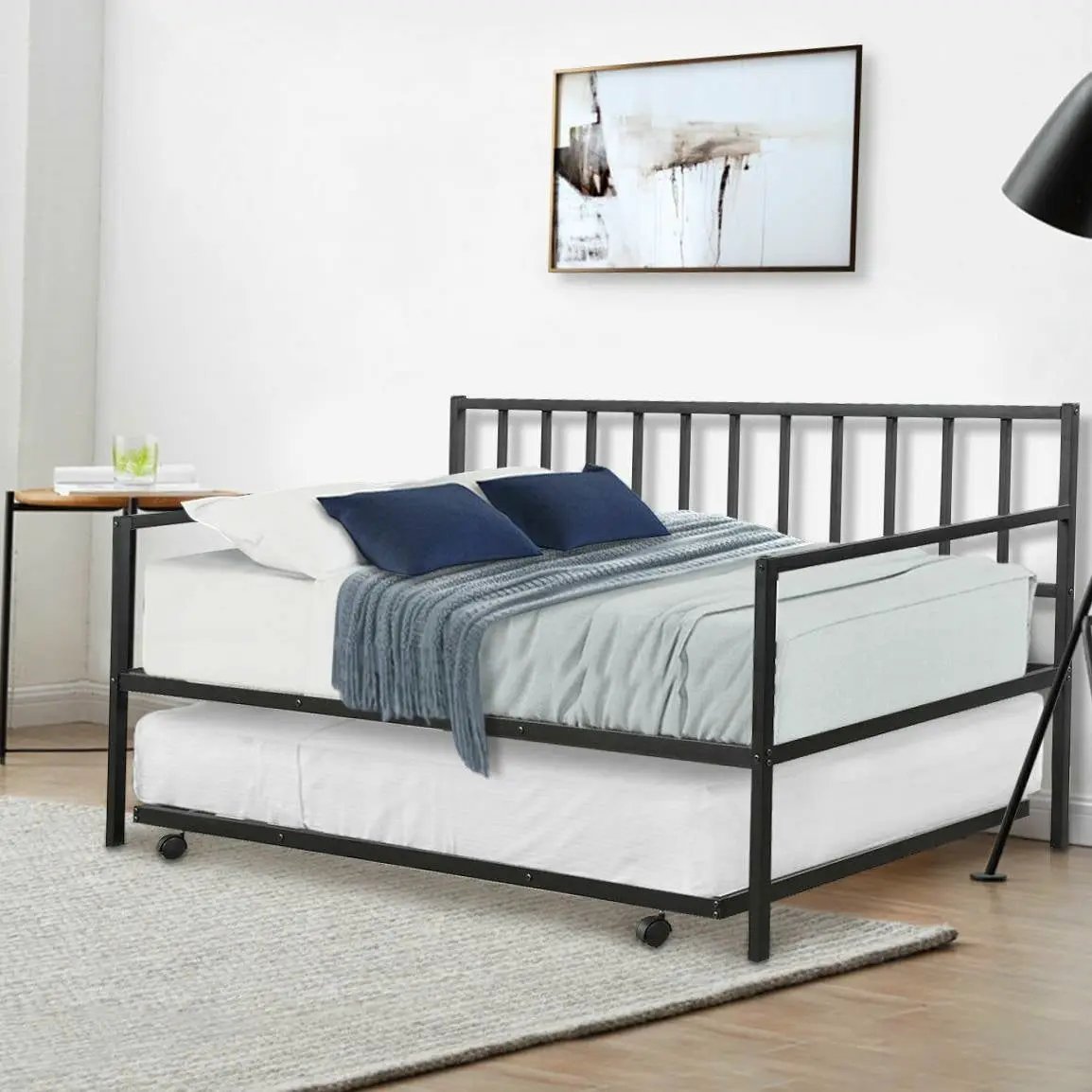 Twin size Black Metal Daybed with Roll-out Trundle Bed Frame by HomePacific