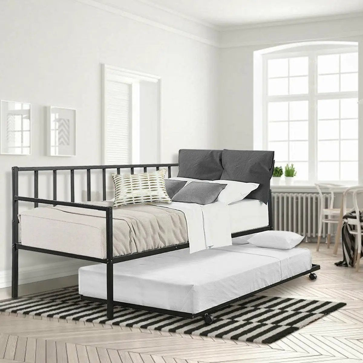 Twin size Black Metal Daybed with Roll-out Trundle Bed Frame by HomePacific