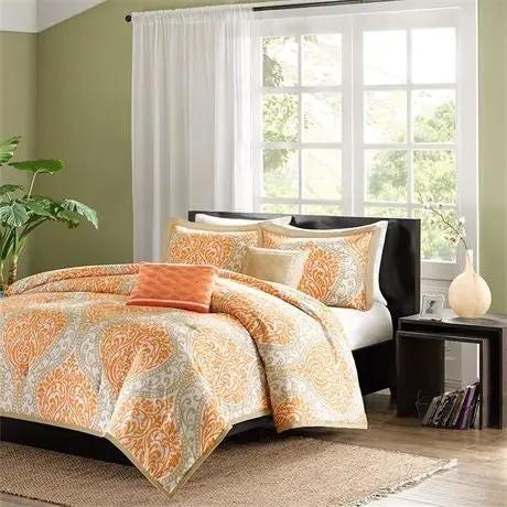 Twin size 4-Piece Orange White Damask Print Comforter Set by HomePacific