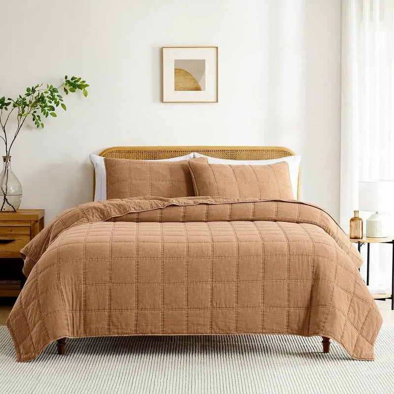 Full/Queen Size 3-Piece Taupe Brown Sienna Faded Stone Washed Cotton Quilt Set by HomePacific