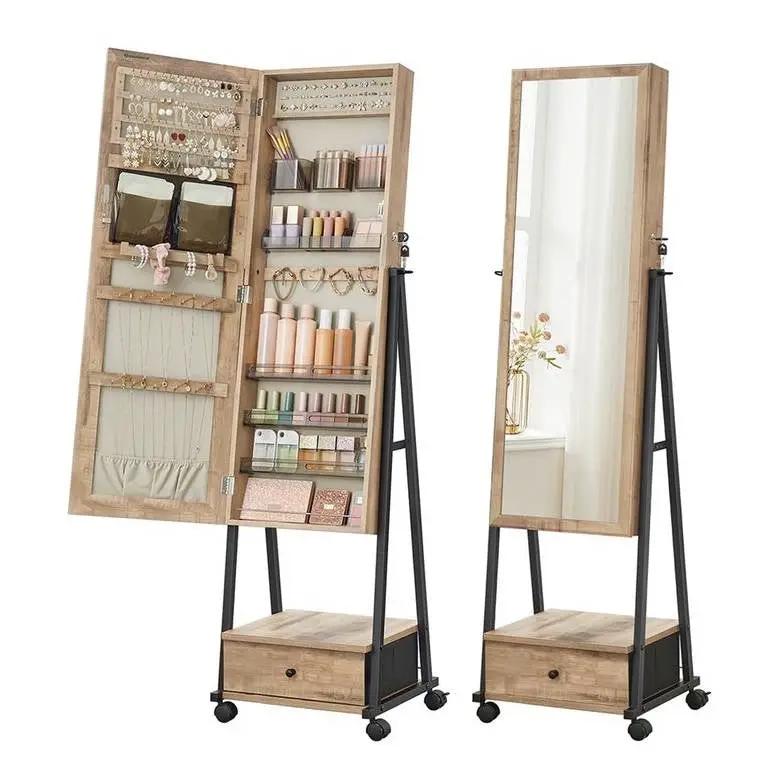 Industrial Modern Metal Wood Jewelry Armoire Cabinet Organizer Mirror on Wheels by HomePacific