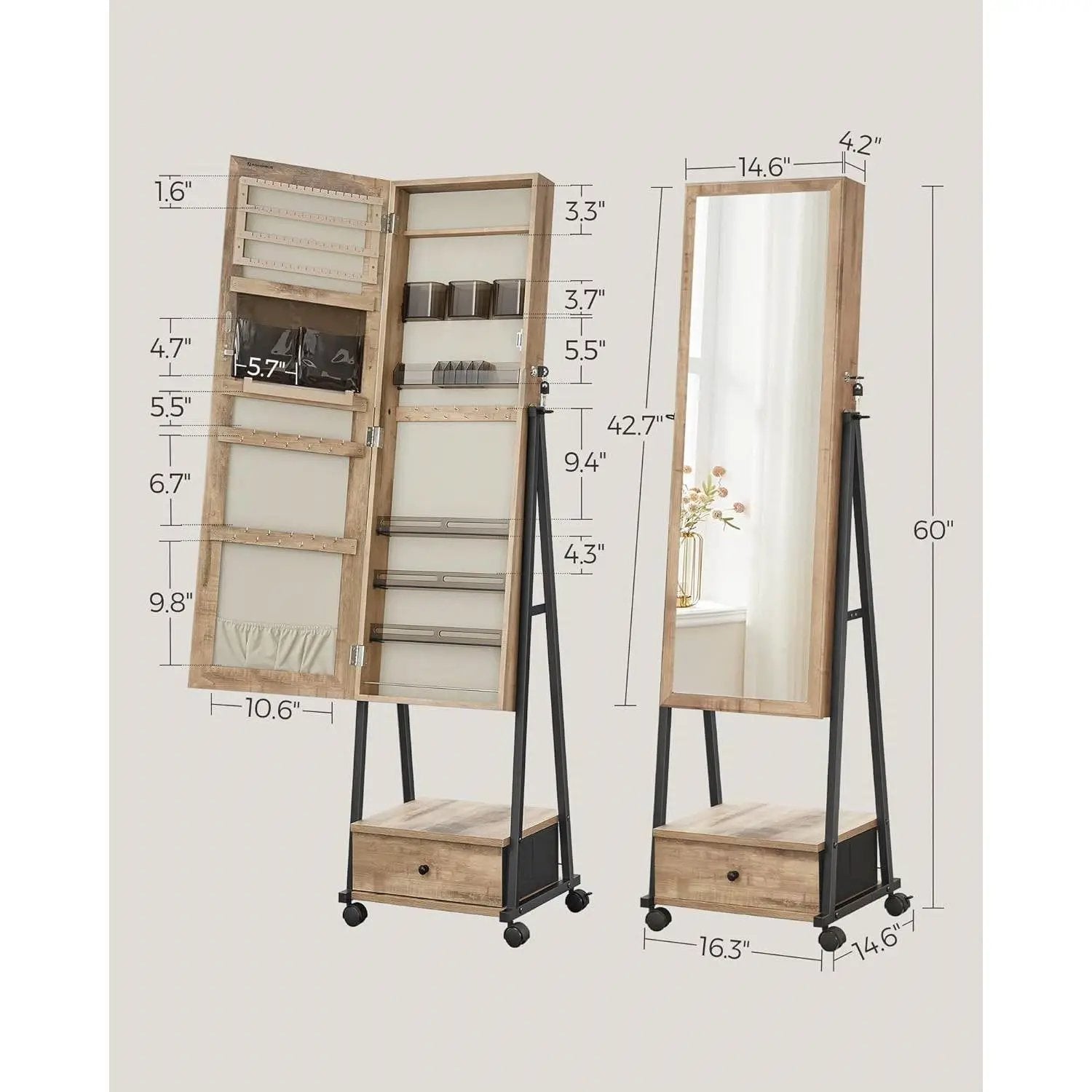 Industrial Modern Metal Wood Jewelry Armoire Cabinet Organizer Mirror on Wheels by HomePacific