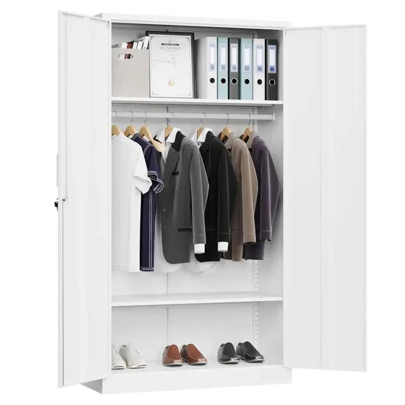 White Metal Locking Wardrobe Armoire Cabinet with Clothing Hanging Rod by HomePacific