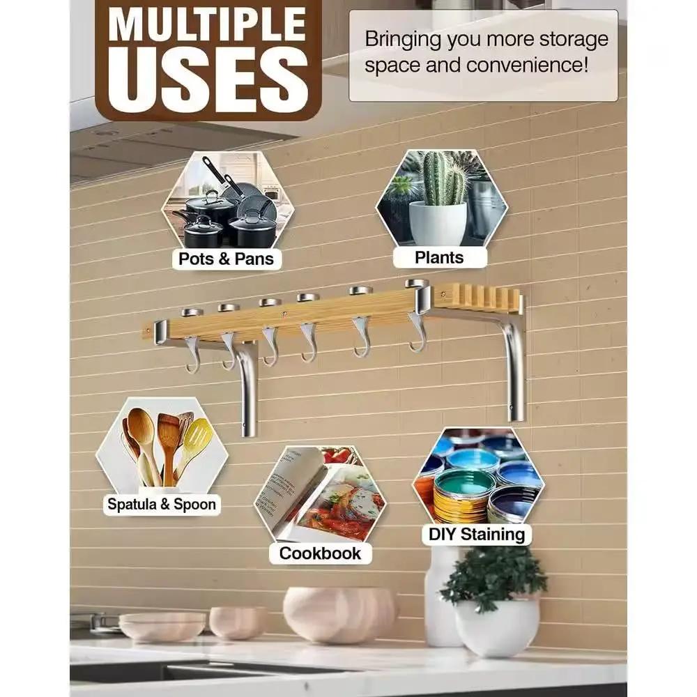 36-inch x 8-inch Wall Mounted Metal Wood Pot Rack with 6 Swivel Hooks by HomePacific