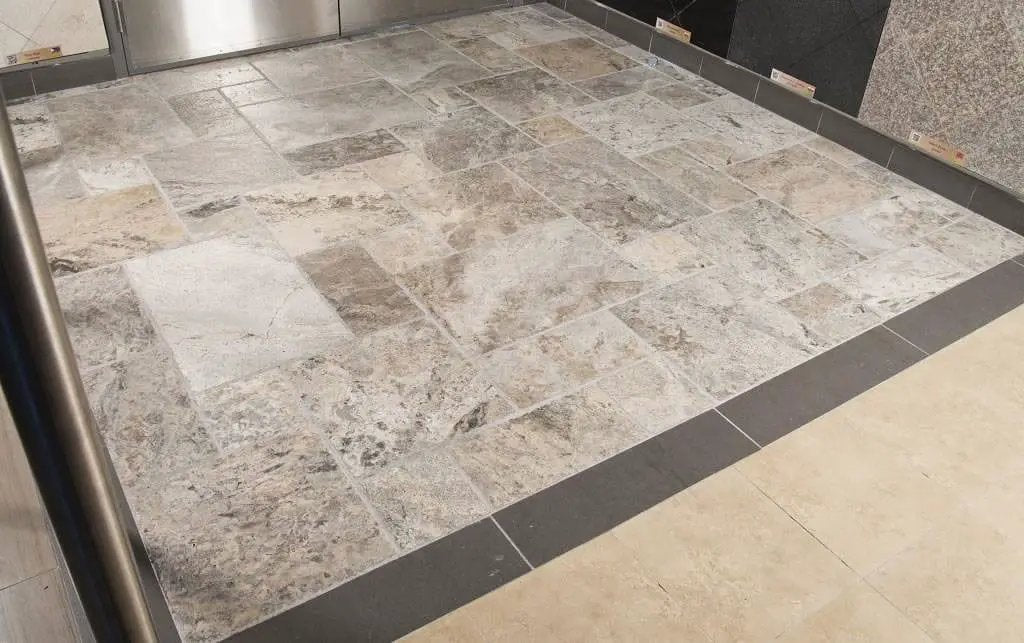 Silver Travertine Tumbled Pavers 24x24 in a finished room