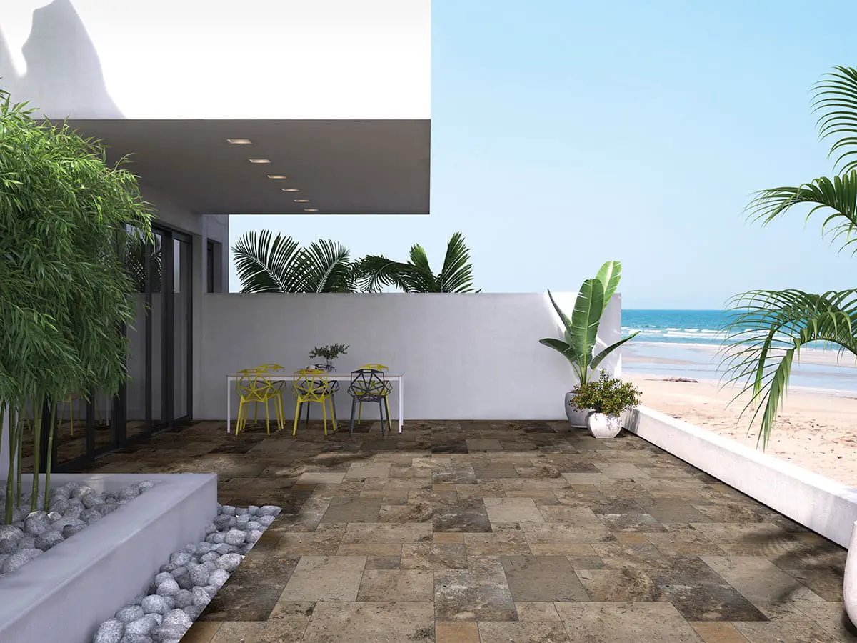 Silver Travertine Split Face Pavers 6x24 in a finished room