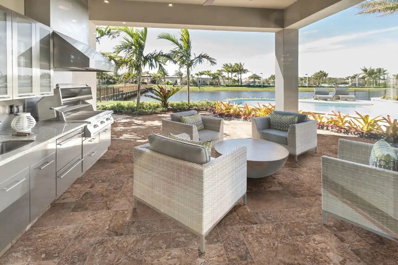Tuscany Walnut Brushed Travertine Pavers 12x24 in a finished room