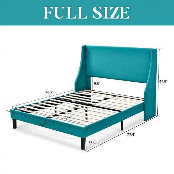 Full Size Turquoise Linen Blend Upholstered Platform Bed with Wingback Headboard by HomePacific