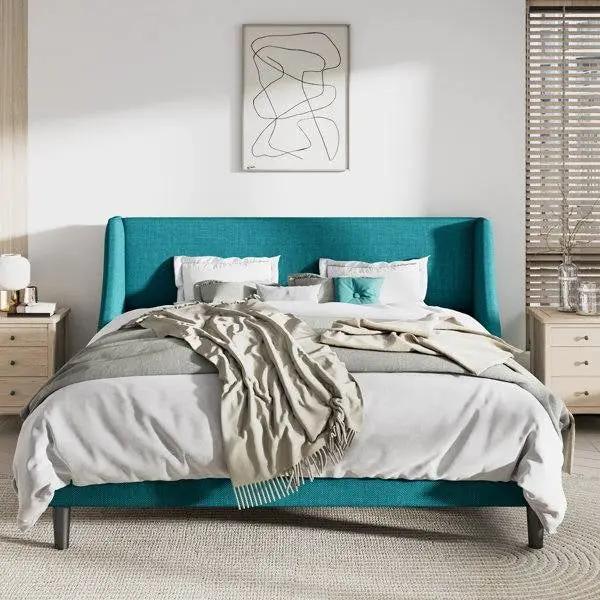 King Size Upholstered Linen Blend Headboard Wingback Platform Bed in Turquoise by HomePacific