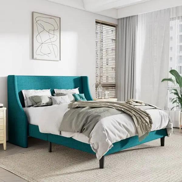 King Size Upholstered Linen Blend Headboard Wingback Platform Bed in Turquoise by HomePacific
