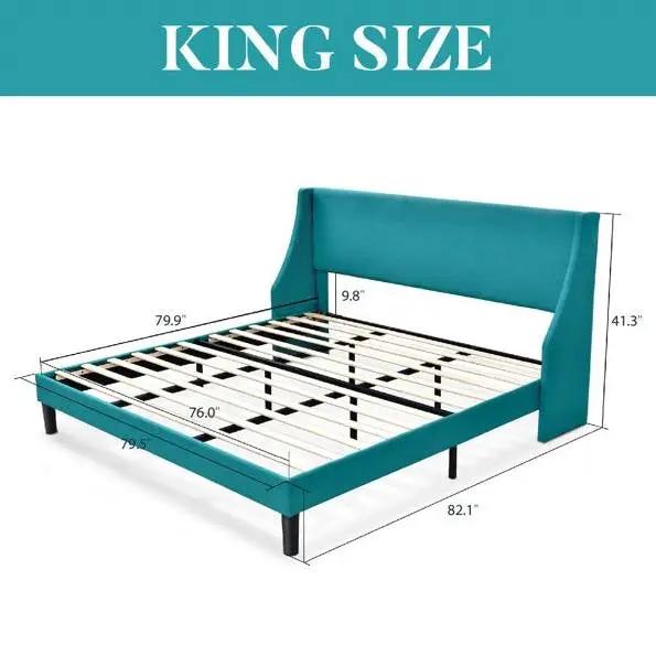 King Size Upholstered Linen Blend Headboard Wingback Platform Bed in Turquoise by HomePacific