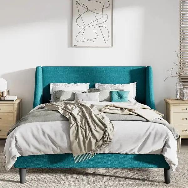 Queen Size Turquoise Linen Blend Upholstered Platform Bed with Wingback Headboard by HomePacific