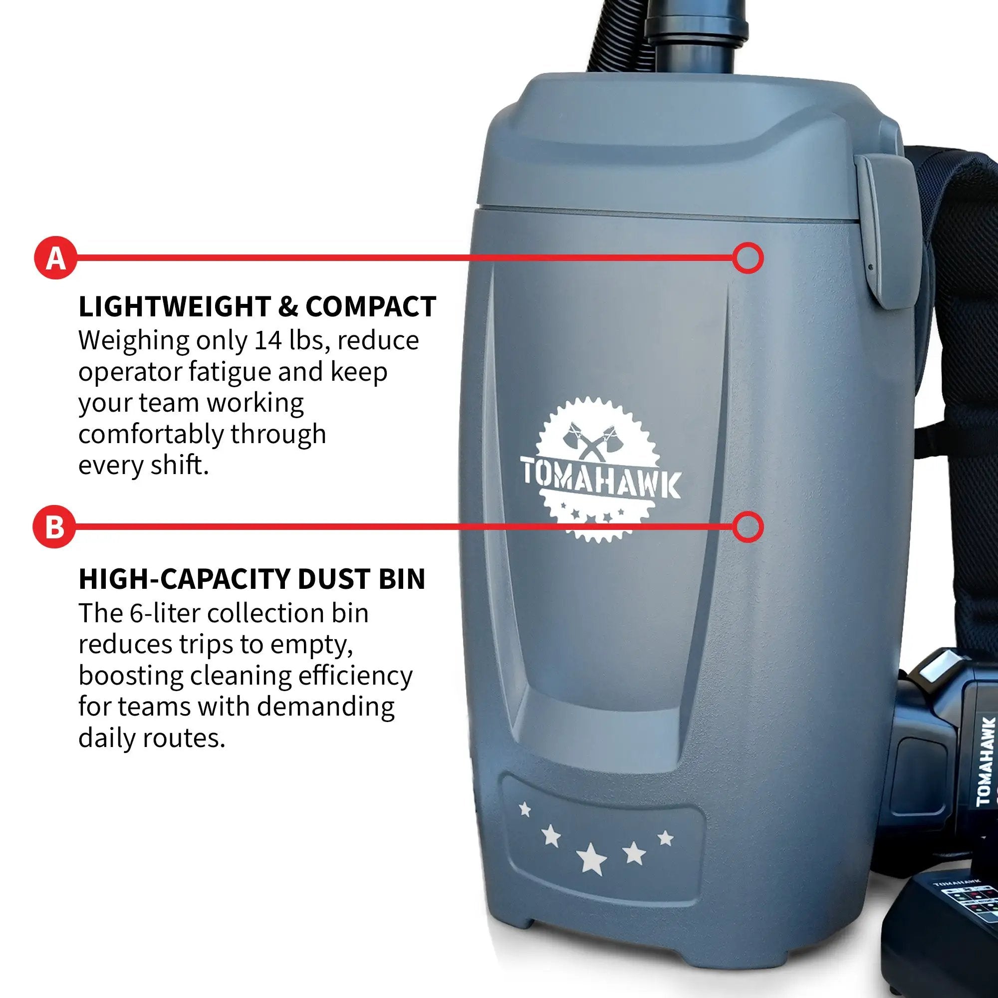 18V Battery Powered Backpack Vacuum 6L for Janitorial Cleaning – Lightweight Cordless Commercial Vacuum with Quiet Operation by Tomahawk Power