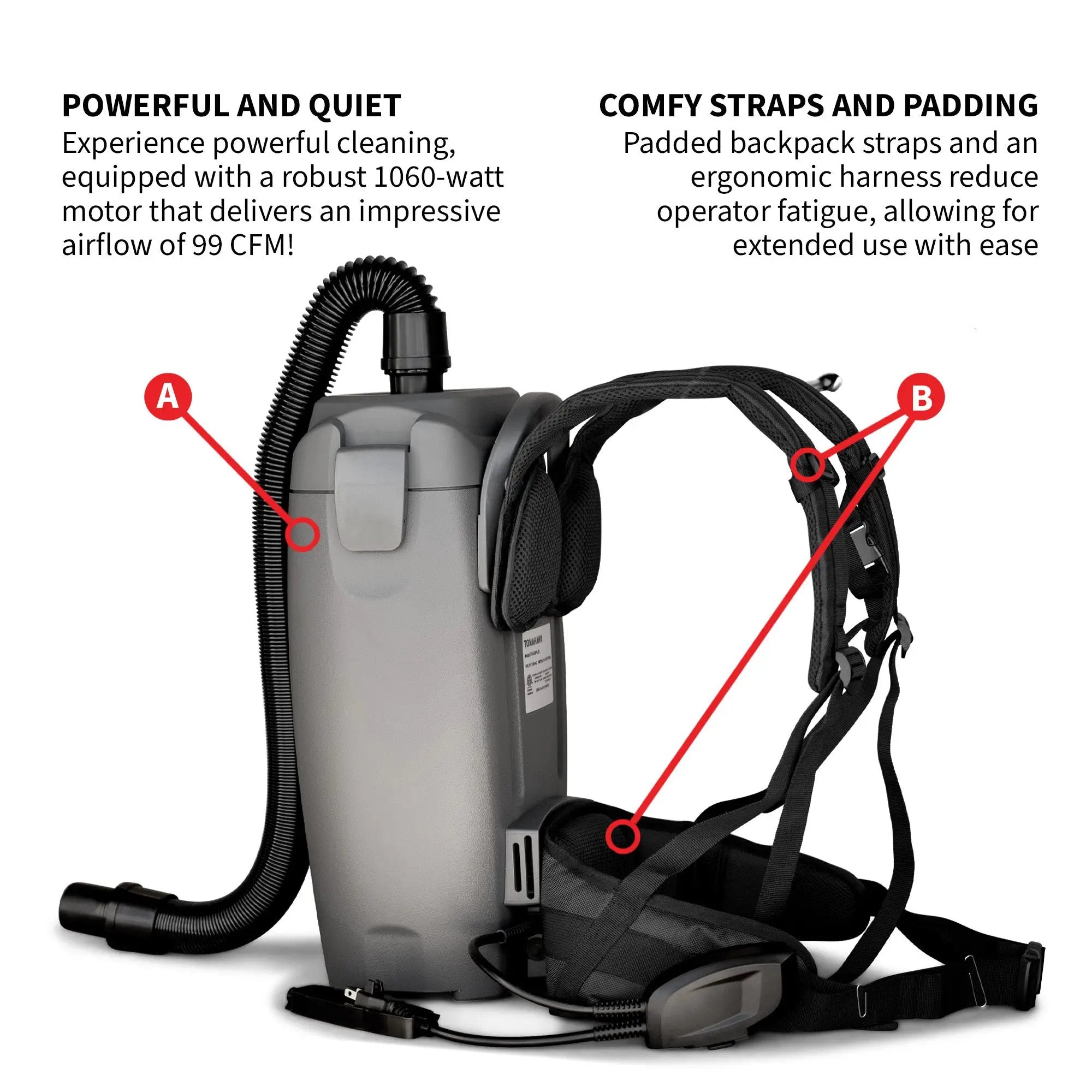 Electric Backpack Vacuum 6 qt Lightweight Commercial High-Performance Cleaning Solution by Tomahawk Power