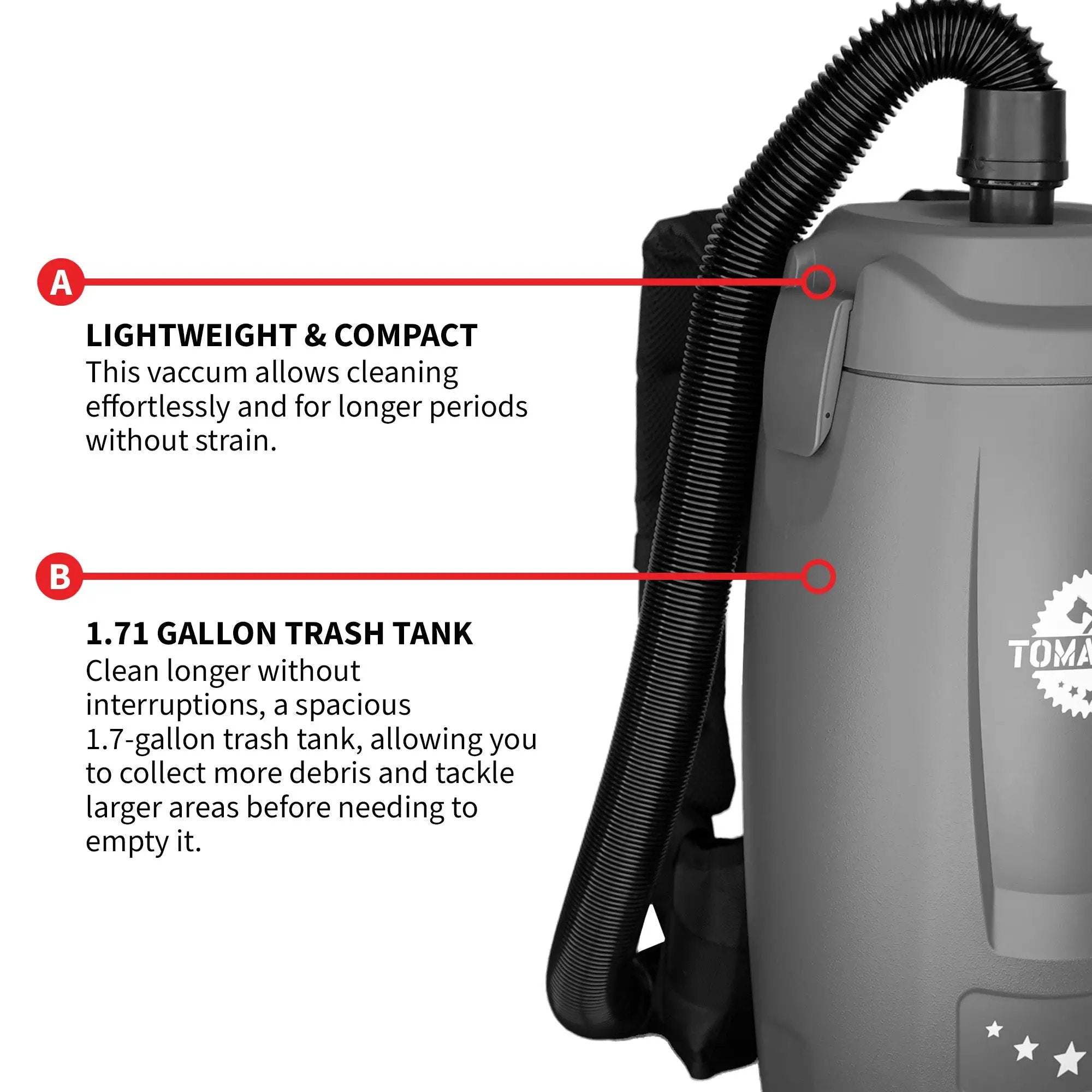 Electric Backpack Vacuum 6 qt Lightweight Commercial High-Performance Cleaning Solution by Tomahawk Power