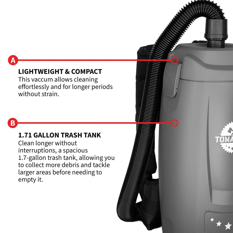 Electric Backpack Vacuum 6 qt Lightweight Commercial High-Performance Cleaning Solution by Tomahawk Power
