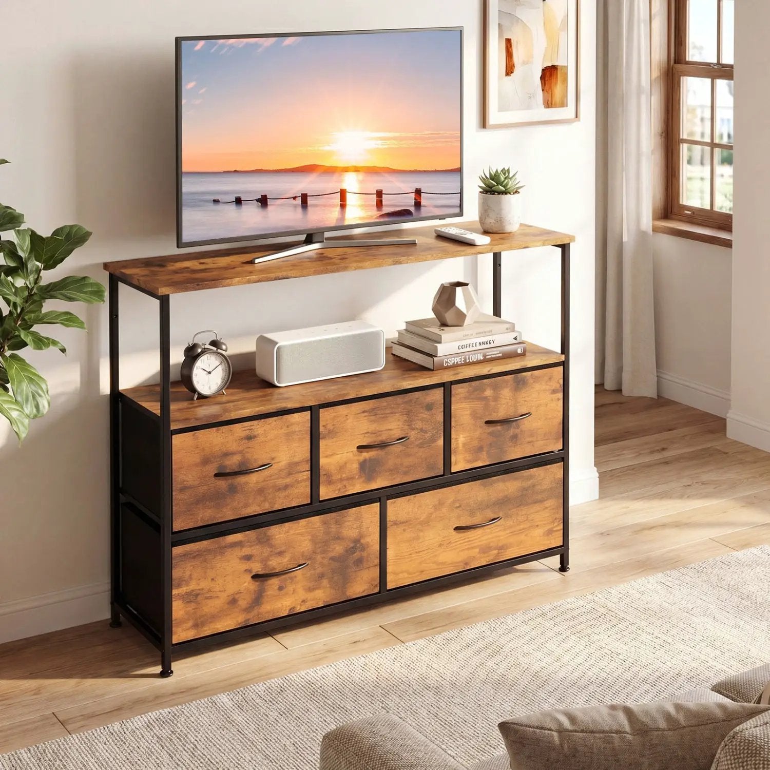 TV Stand Dresser for 45 Inch TV 5 Fabric Drawer Entertainment Center by DirectDeals